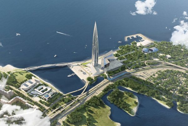 aerial-view-of-skyscraper-surrounded-by-water-lakhta-centre