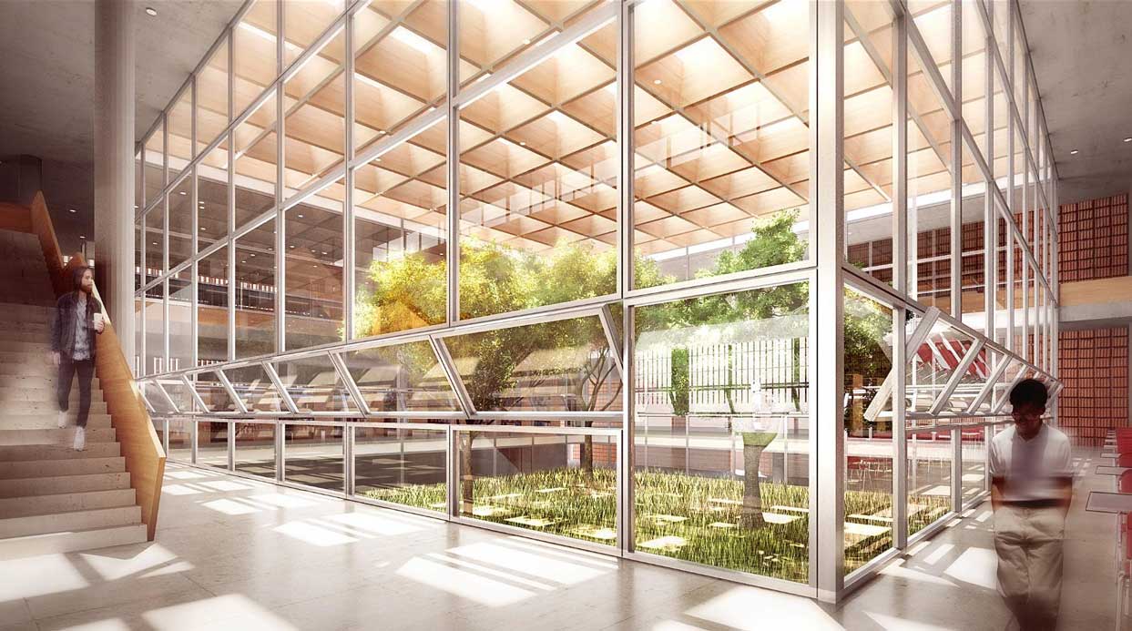 Computer Rendering of central concourse of library. Central courtyard is surrounded by glass and visible inside are a number of trees