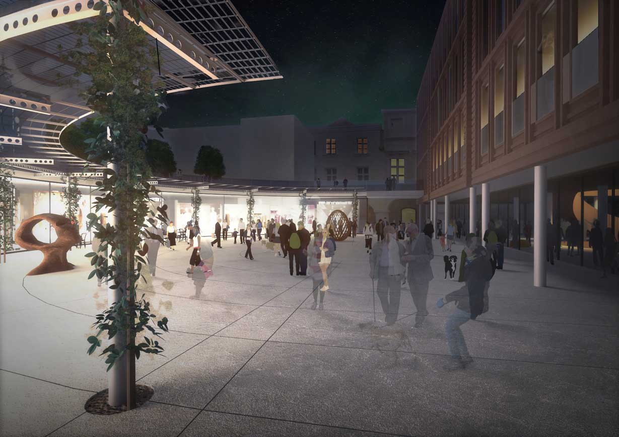 Computer renderings of building courtyard with column covered in ivy in the foreground
