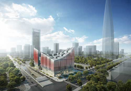 red and grey building among skyscrapers