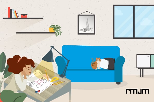 cartoon female architect drawing sketch of building at a desk with houseplants and blue sofa with cat in the background